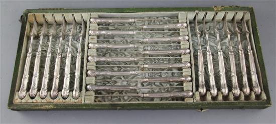 Twelve pairs of George IV Kings pattern silver fruit eaters, London 1823, William Eley & William Fearn, (two knives matched) cased.